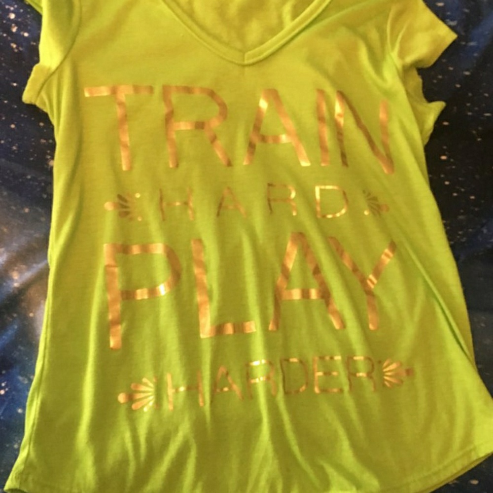 Women's green "train hard play harder" t-shirt